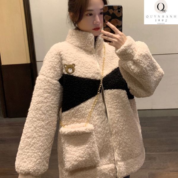 Áo khoác lông cổ cao LOGO gấu kèm túi, Áo lông nam nữ From rộng màu Đen Trắng Ullzang áo cặp đôi hotren 2022