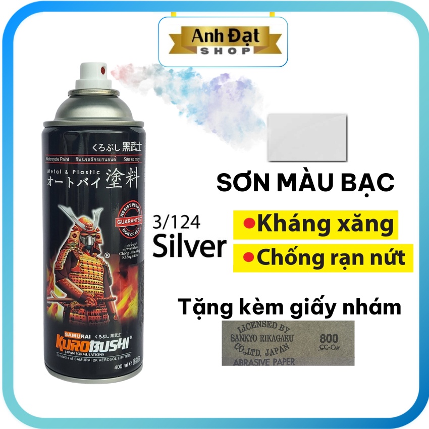 Sơn xịt samurai màu bạc 124, dung tích 400ml, có khả năng kháng xăng (A92, A95), chống rạn nứt, bình xịt