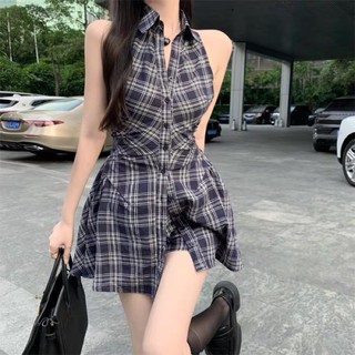 Đầm yếm sơ mi caro kèm quần