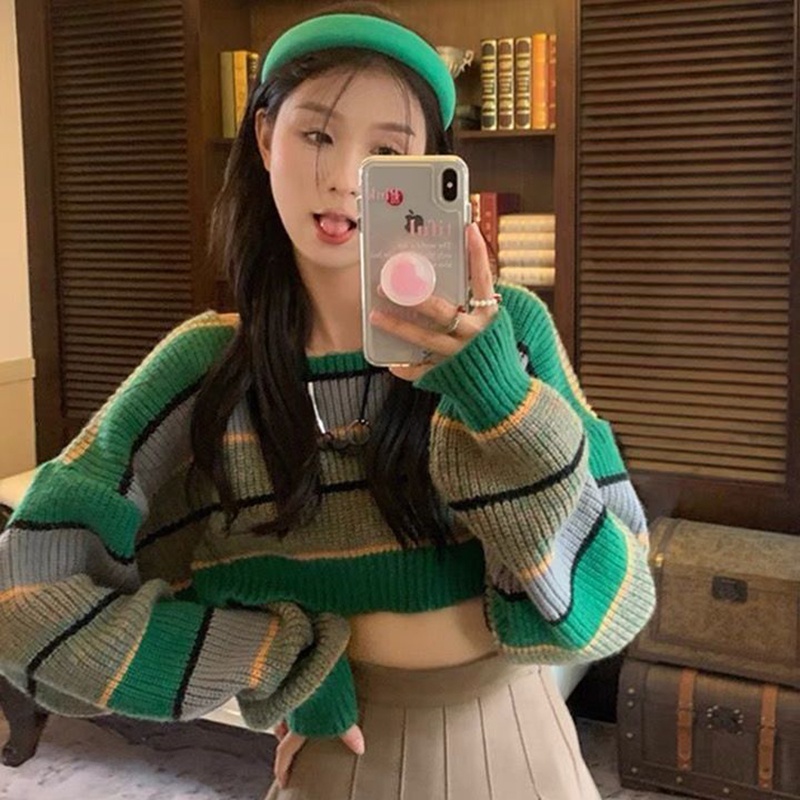 IELGY   Áo sweater Ngắn Kẻ Sọc Màu Sắc Dễ Phối Đồ Thời Trang Cho Nữ