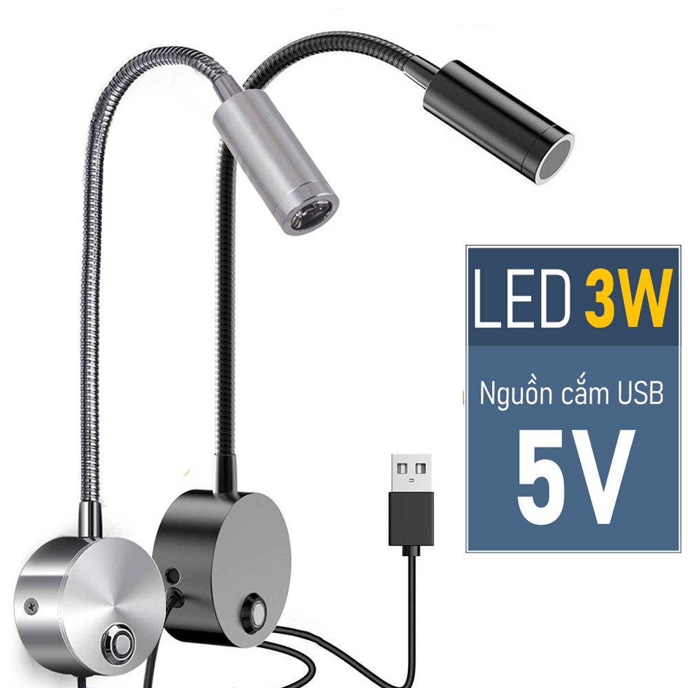 Đèn học, Đèn đọc sách đầu giường Led 3W - 5V, Loại đèn rọi gắn tường, Ánh sáng chiếu điểm, Tích hợp đèn ngủ