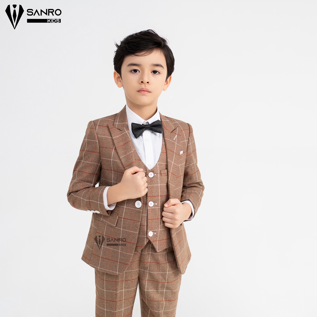 Bộ vest bé trai SANRO KIDS màu nâu kẻ ô vuông cao cấp