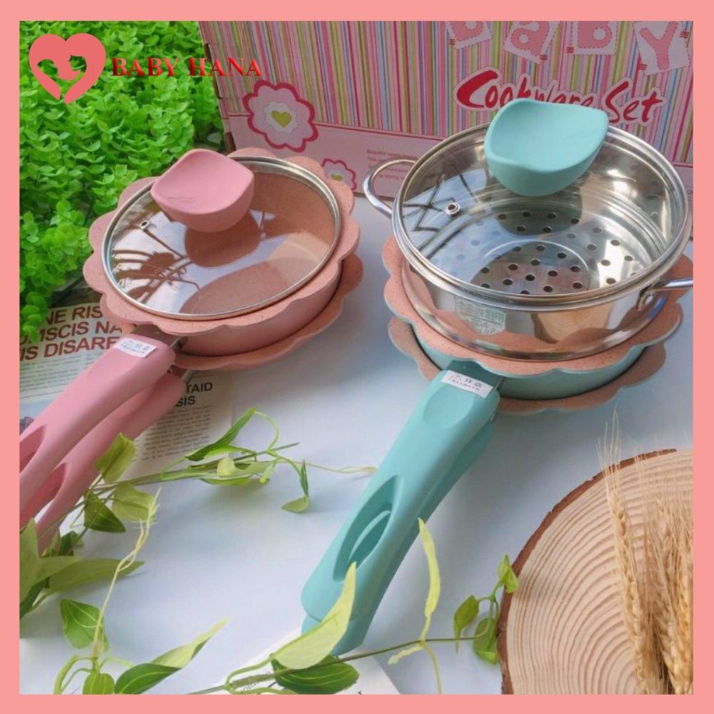 [ NỒI+CHẢO+LỒNG HẤP] Bộ Nồi Chảo Đá Chống Dính Hình Hoa Chế Biến Đồ Ăn Dặm Cho Bé