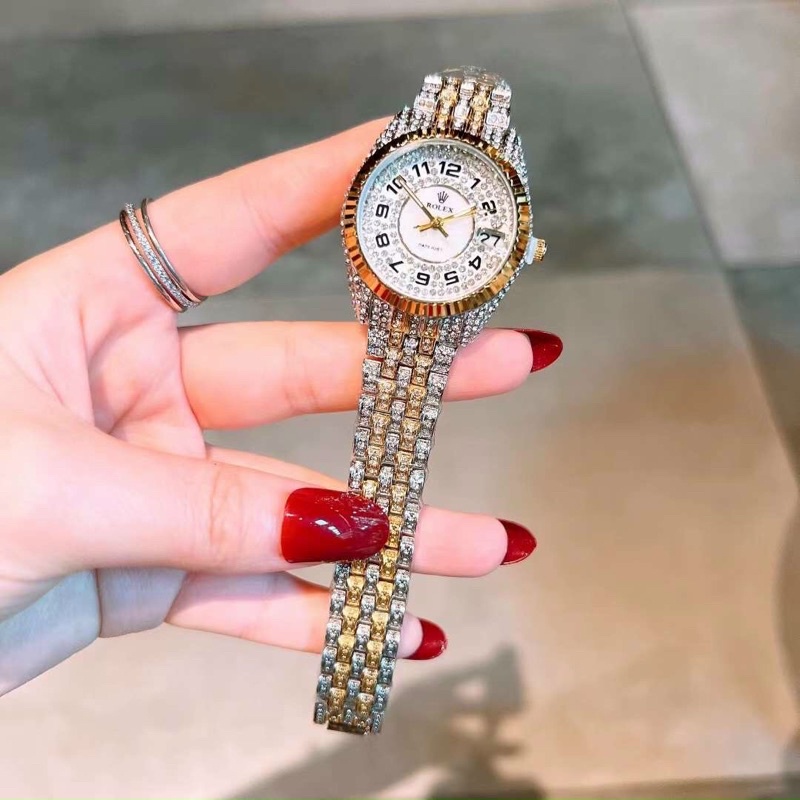 💐💐Đồng hồ nữ mặt tròn, thương hiệu Rolex mặt số viền băm đá, size :32mm, chống nước 3atm
