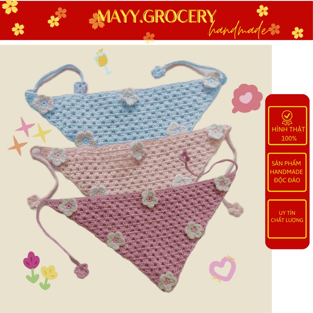 Khăn bandana đính hoa cúc trắng đội đầu handmade từ len màu xinh xắn dễ thương cho bạn gái