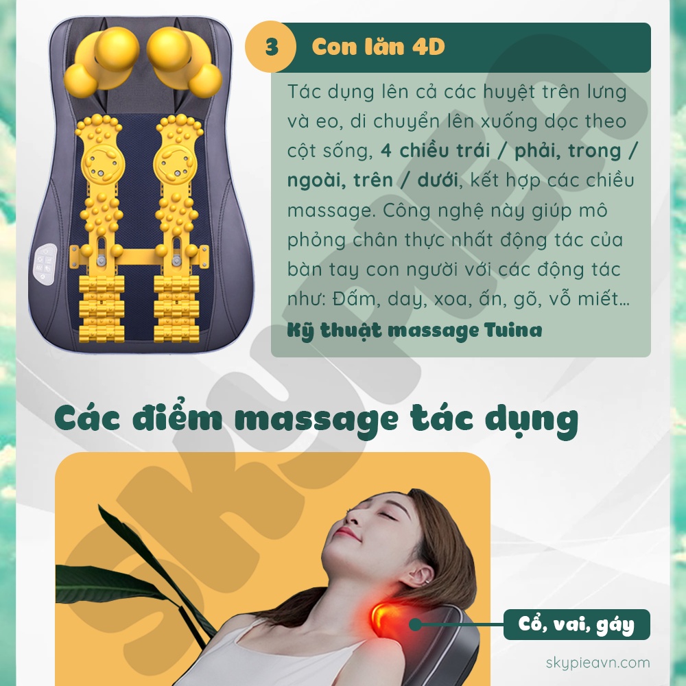 Gối massage hồng ngoại MCC - model 2022 SK-2213 - đầu mát-xa cải tiển, con lăn 4D - đệm massage toàn thân
