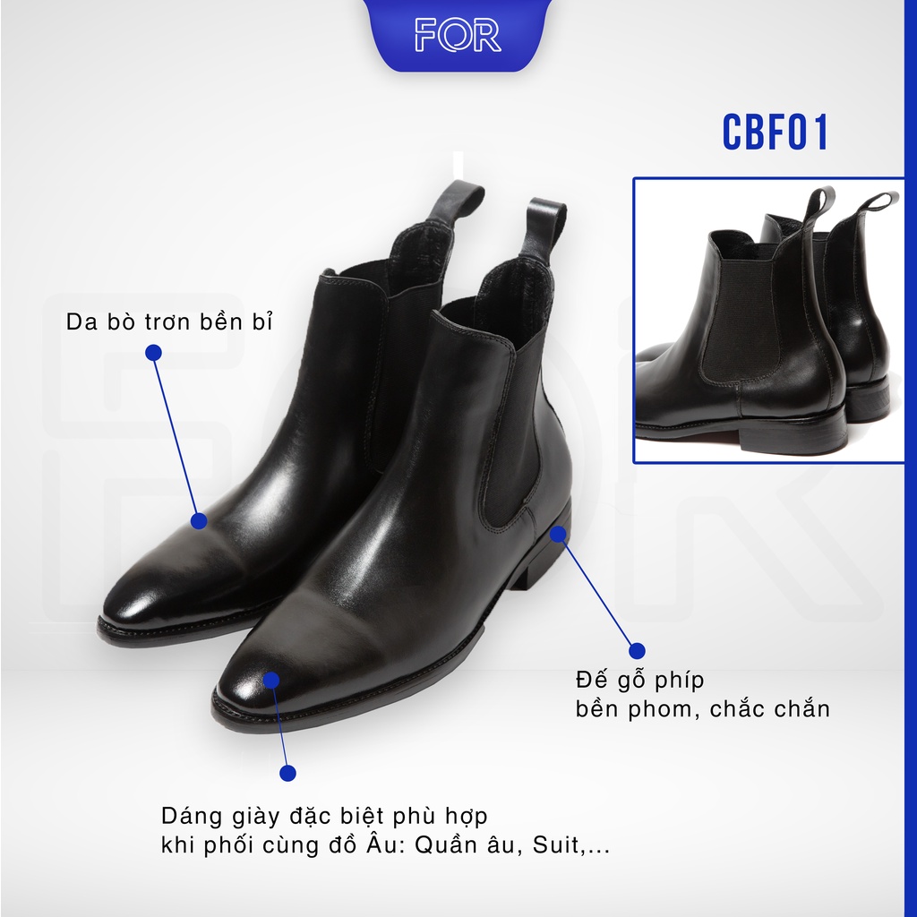 Giày Chelsea Boot FOR mũi nhọn cao cấp da bò nguyên tấm nhập khẩu, đế cao su đúc nguyên khối chắc bền CBF01