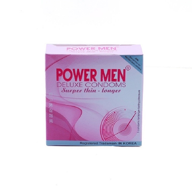 Bao cao su POWER MEN SUPER THIN LONGER siêu mỏng trơn nhiều gel chứa 5% Benzocain kéo dài thời gian hộp 3 cái