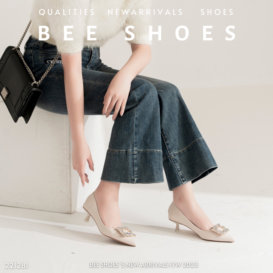 GIÀY CAO GÓT BEESHOES NỮ MŨI NHỌN - GIÀY CAO GÓT NỮ GÓT NHỌN CAO 5 PHÂN SẴN MÀU ĐEN - KEM 221281