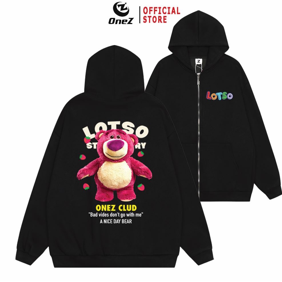 Áo Hoodie Zip Local Brand gấu dâu Lotso Unisex ONEZ Basic Kéo Khóa HDZG1