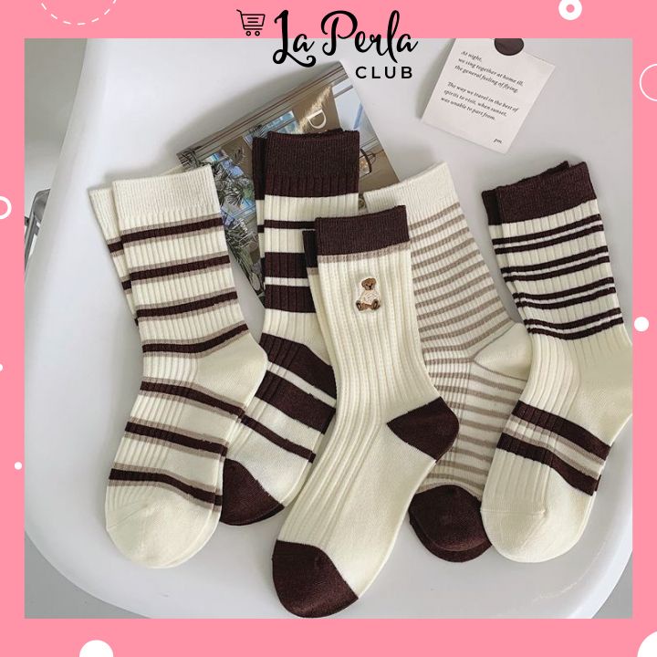 Set 5 Đôi Tất Nữ Cổ Cao Họa Tiết Gấu Nâu Kẻ Siêu Hot Mẫu Mới Ms,CN6