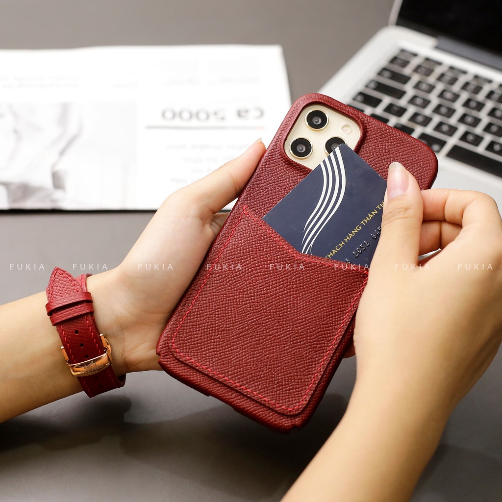 Combo dây và ốp da thủ công Full viền Epsom Đỏ Đô dành cho Đồng hồ thông minh/ Đồng hồ cơ và Iphone CB029