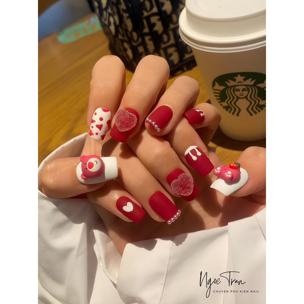 Charm Gấu Hồng Dâu LOTSO Đáng Yêu | Hoạt Hình Trang Trí Móng