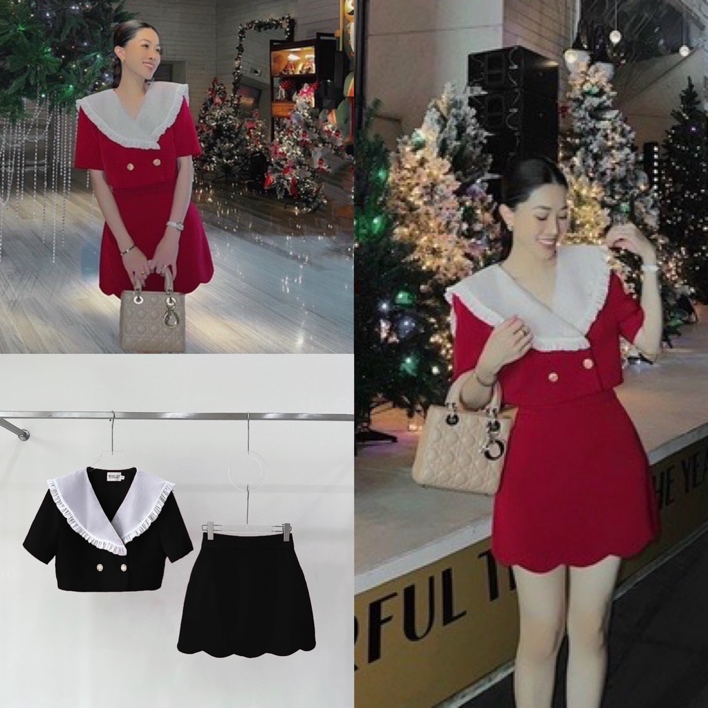 Sét áo croptop phối áo cổ sen trắng + chân váy răng cưa bigsize Kim Ngân Từ 50kg đến 100kg(M/L/XL/XXL)(Đồ Tết)(sét bộ)