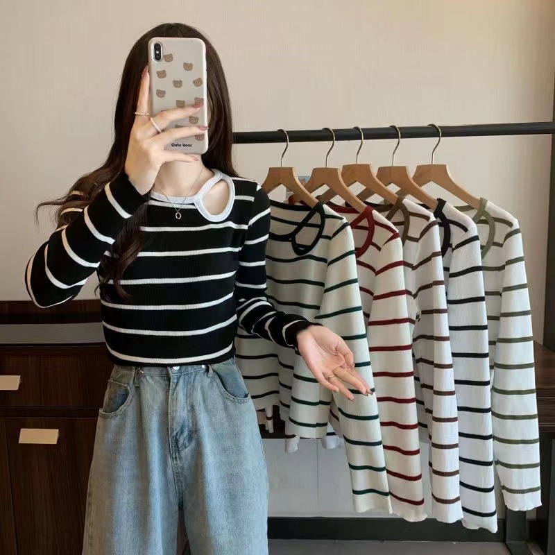 IELGYÁo sweater Dệt Kim Tay Dài Dáng Ôm Họa Tiết Kẻ Sọc Khoét Lỗ Thời Trang Cho Nữ