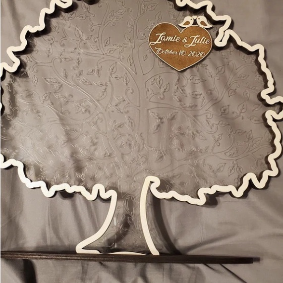 Cây thả lá ký tên kèm đế gỗ trang trí bàn gallery | Wedding guestbook store Thegioipuzzle