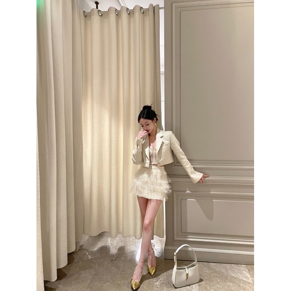 SET Áo Dạ Tweed Croptop Kết Hợp Áo Bralette Ren Chân Váy Voan Tầng