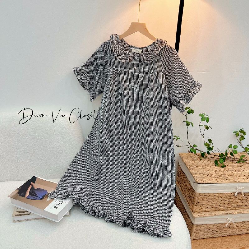 [Hình Thật] Đầm ngủ nữ chất đũi xốp/ đũi gân viền bèo tiều thư hoạ tiết cute | BigBuy360 - bigbuy360.vn