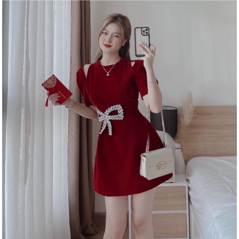 đầm nhung khoét vai đính nơ bigsize 55kg-90kg🛍🛍
