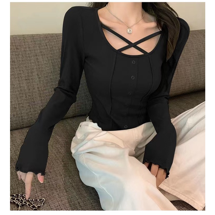 Áo kiểu ZHELIHANGFEI tay dài cổ phối dây đan chéo thời trang trẻ trung