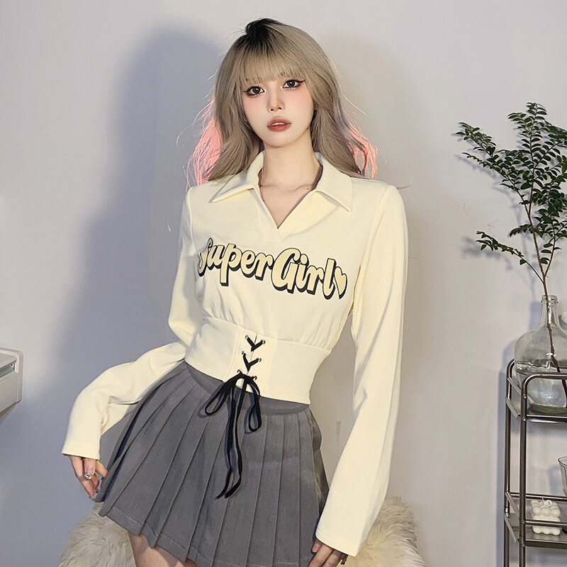 Áo Croptop Tay Dài Cổ Chữ V In Chữ Thời Trang Dành Cho Nữ