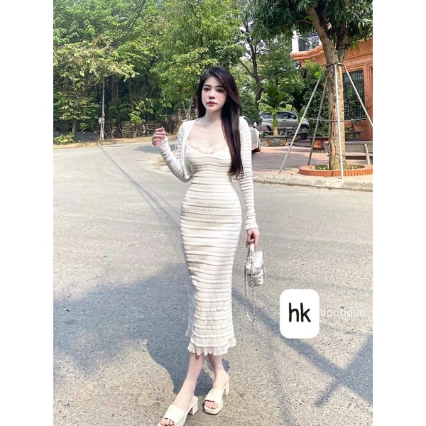 Váy body viền ren ngực kèm áo khoác sang chảnh