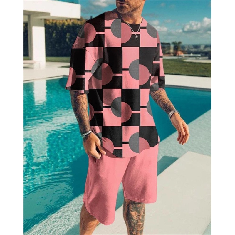 Bộ Áo Thun Đi Biển Mùa Hè Hai Mảnh In Họa Tiết Sọc 3D Thoáng Khí Thoải Mái Hợp Thời Trang Cho Nam