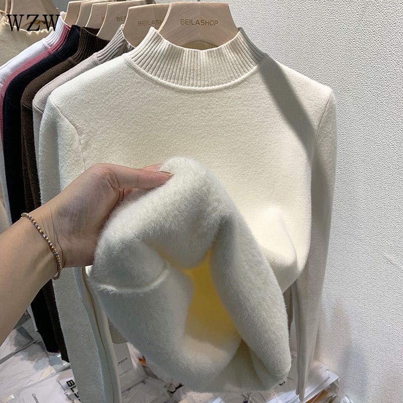 Áo Sweater Dệt Kim Một Mảnh Lót Lông Cừu Cổ Lọ Dày Dặn Giữ Ấm Mùa Thu Đông Phong Cách Mới Dành Cho Bạn Nữ