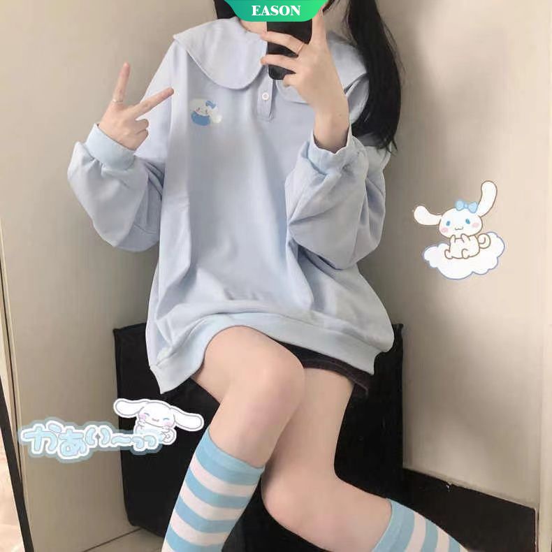 Áo Sweater Thu Đông Tay Dài Cổ Bẻ Màu Hồng In Hình Sanrio Melody Cinnamoroll Thời Trang Thu Đông Nhật Bản Cho Nữ