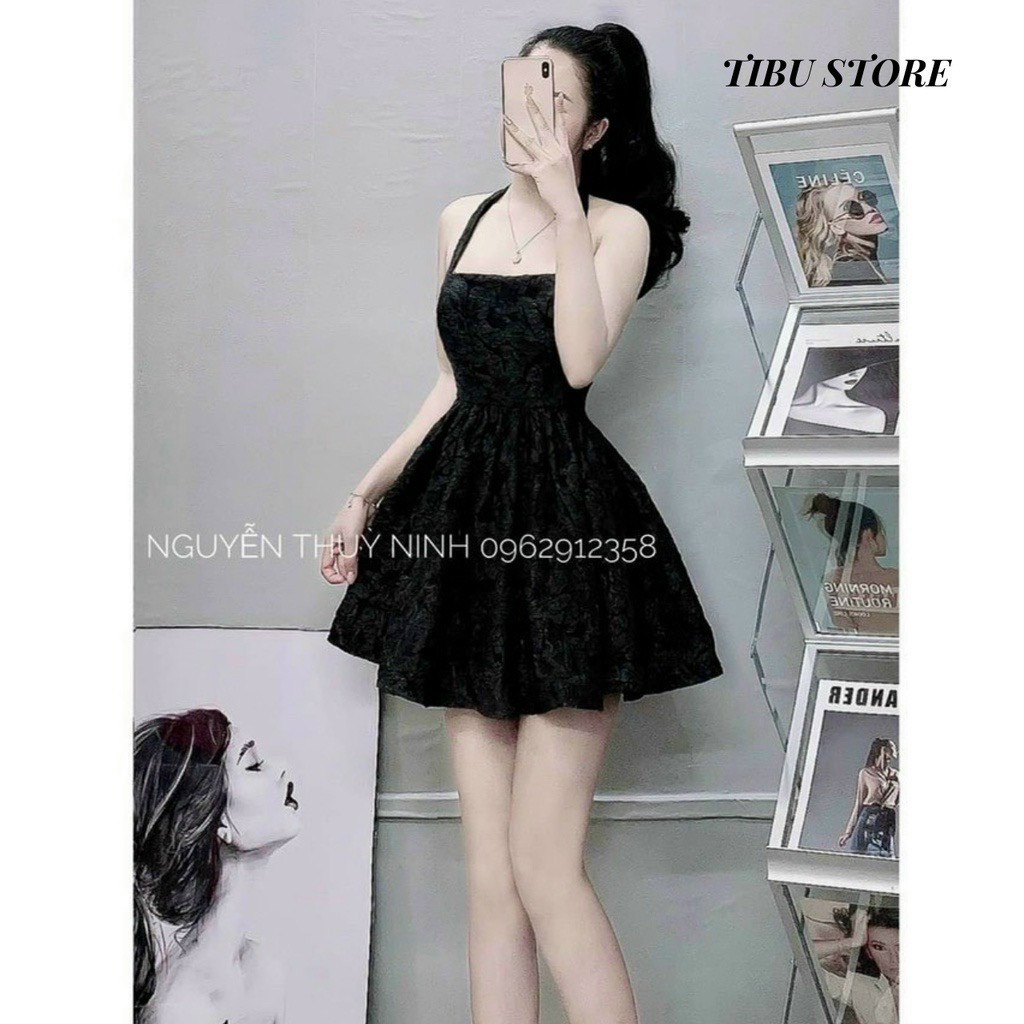 Đầm nữ thời trâng mặc đi chơi chất gấm hai dây cột cổ cúp ngực có mút hở lưng váy xoè phong cách bánh bèo