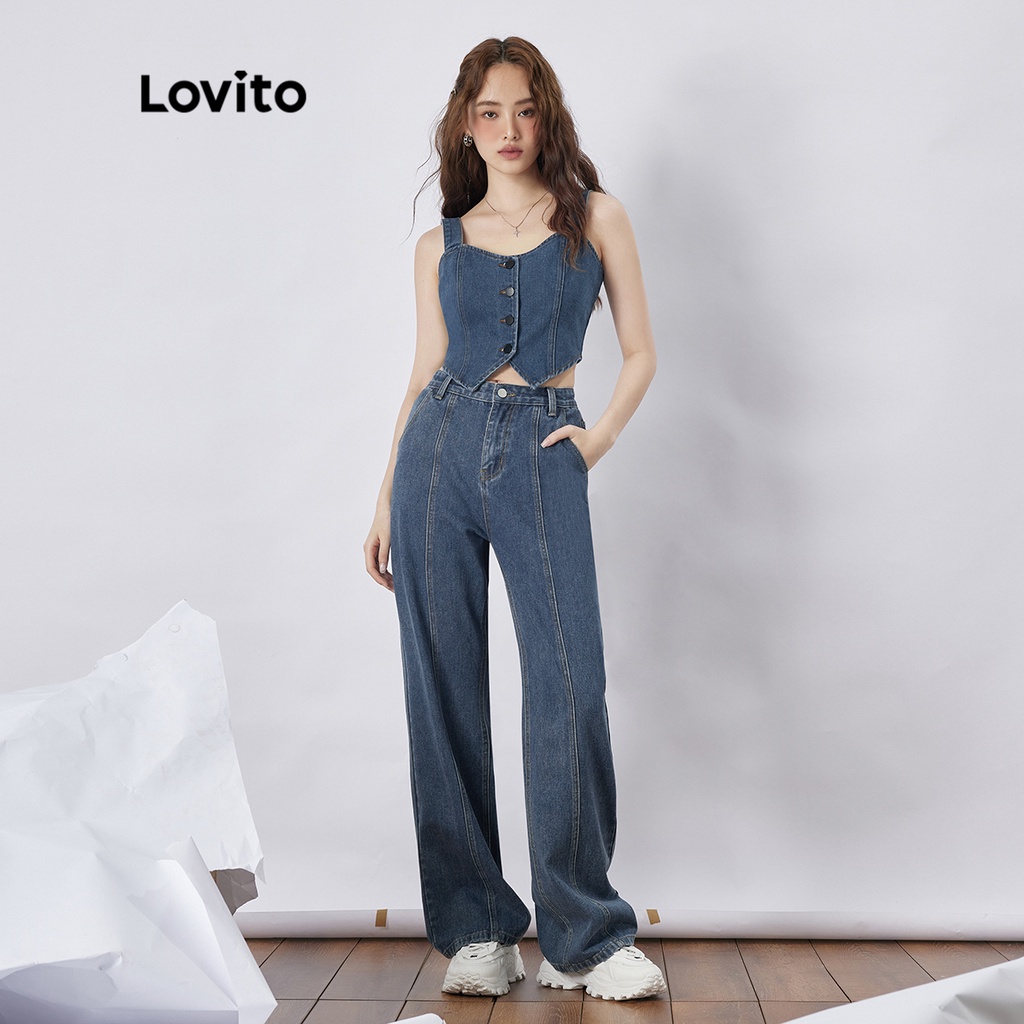 Quần jean denim Lovito có túi đệm phong cách bạn trai cho nữ L36AD034 (màu xanh lam) | BigBuy360 - bigbuy360.vn