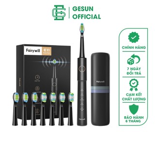 Bàn chải đánh răng điện FAIRYWILL E11 màu đen làm sạch bằng sóng siêu âm kèm 8 đầu thay thế - bảo hành 6 tháng