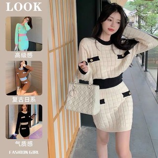 Bộ áo sweater dệt kim + chân váy ôm dáng thời trang thu đông 2022 phong cách mới cho nữ