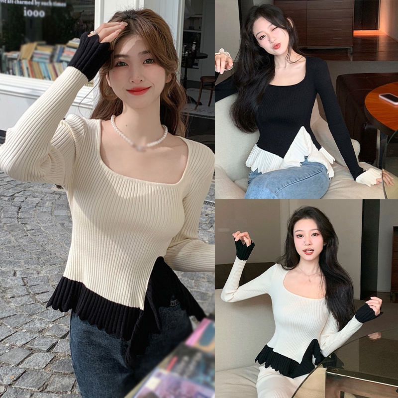 Áo Sweater Dệt Kim Tay Dài Cổ Vuông Phối Bèo Dễ Thương Cho Nữ