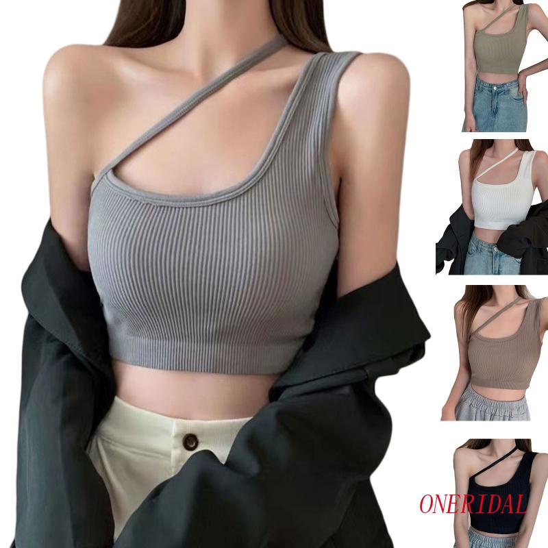 Áo Croptop Dệt Kim Hai Dây Lệch Vai Gợi Cảm Có Gân Và Giá Đỡ Dành Cho Bạn Nữ Sp