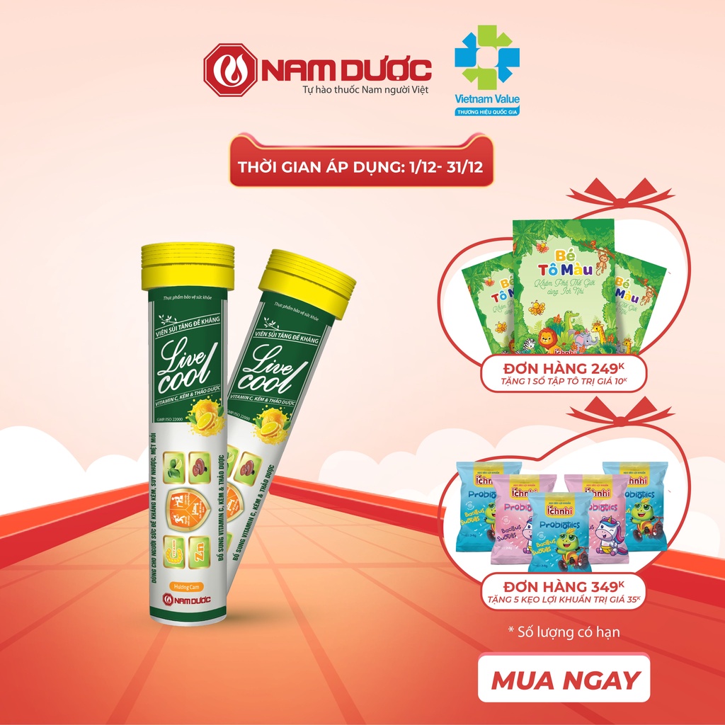 Viên sủi tăng đề kháng Livecool Nam Dược (16 viên sủi x 4g),bổ sung vitamin C, kẽm và thảo dược,củng cố hệ miễn dịch