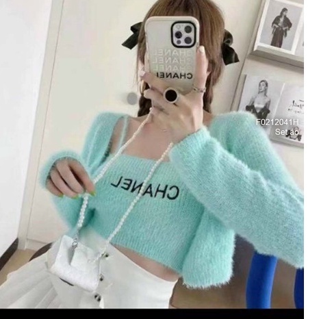 Set len lông áo khoác tay dài+ áo croptop 2 dây!