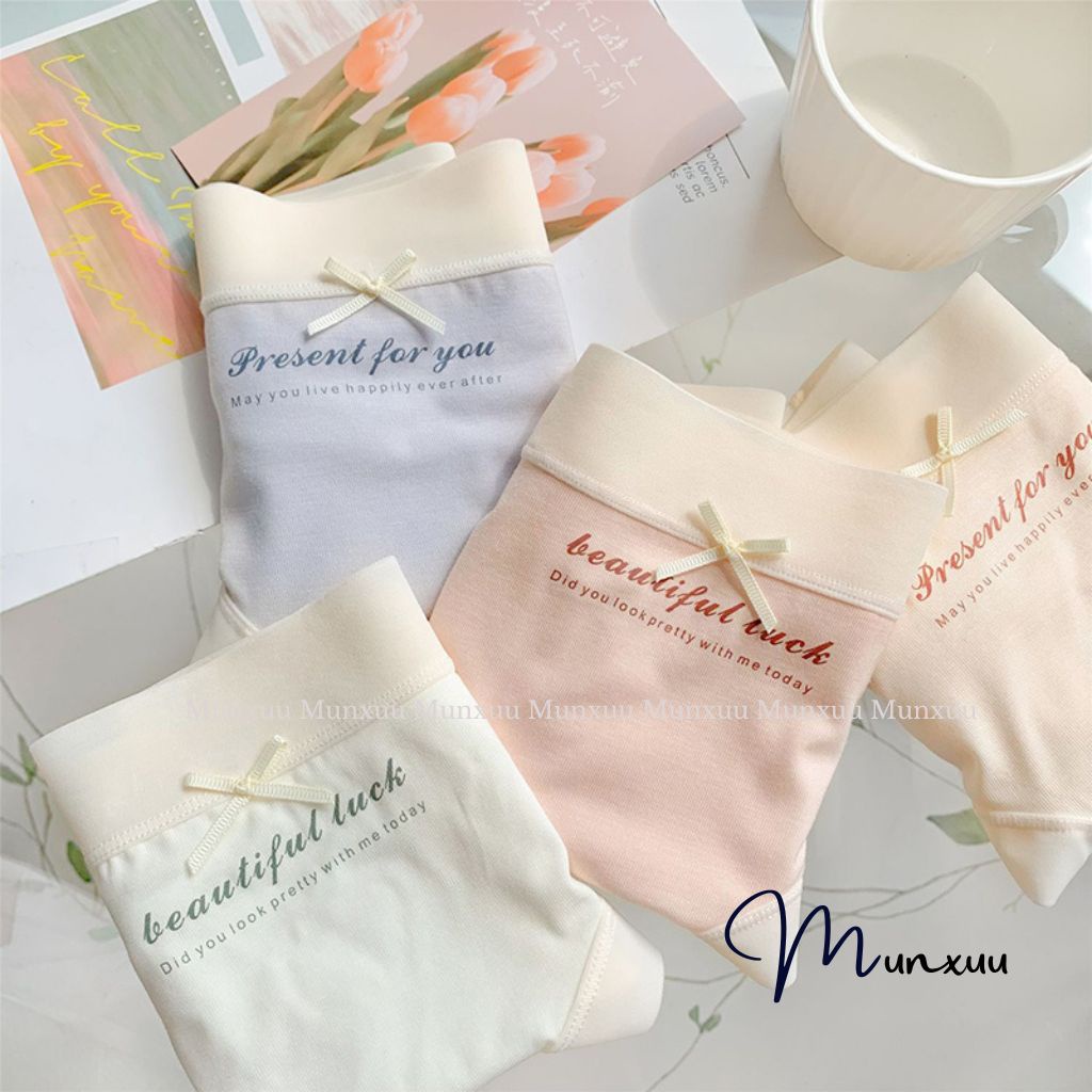 Quần lót nữ MUNXUU vải cotton co dãn phối viền su in chữ đính nơ tiểu thư màu pastel ngọt ngào- QC45