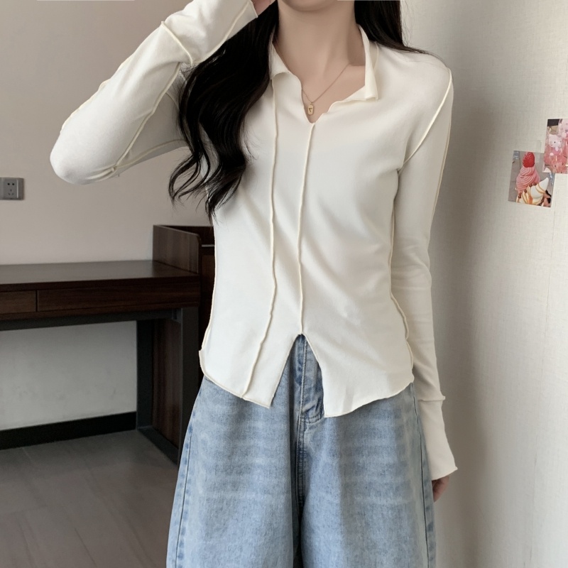 Áo thun nữ ZHELIHANGFEI tay dài cổ chữ v màu sắc đơn giản