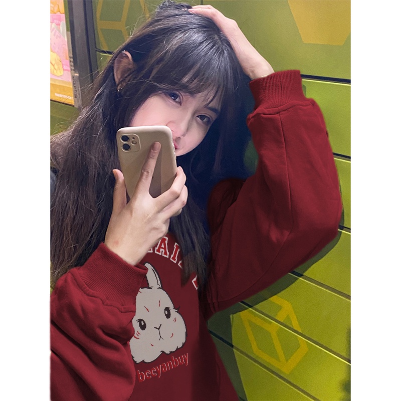 NRVP Áo Thun Nỉ Tay Dài In Hình Thỏ Năm Mới 2023 Phong Cách Hàn Quốc Thời Trang Mùa Đông Cho Nữ