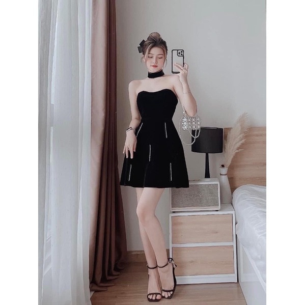 Bộ đầm ống cup ngực nhung kèm vòng cổ shop nina le