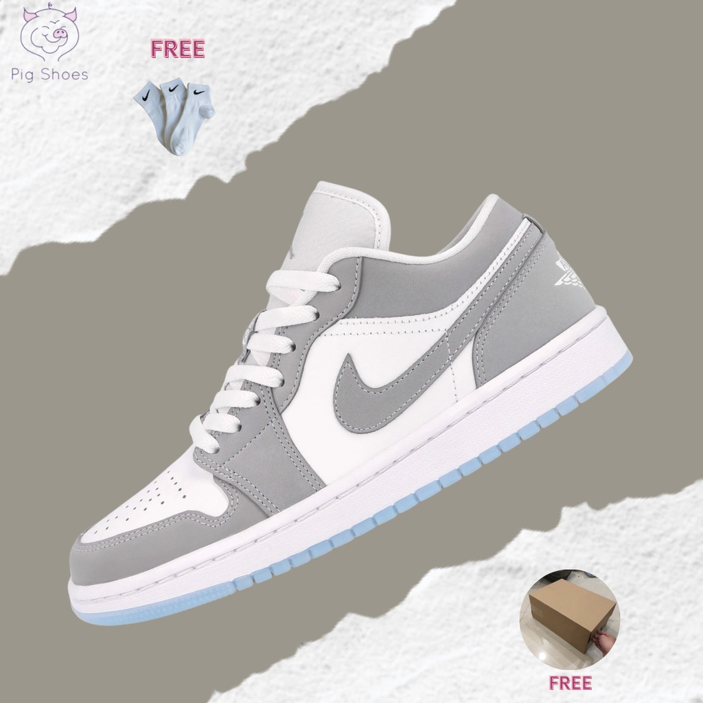 Giày Nike Air Jordan 1 Low White Wolf Grey, JD1 Thấp Xám Đế Xanh; Đầy Đủ Box - Bill, Tặng Vớ Trắng