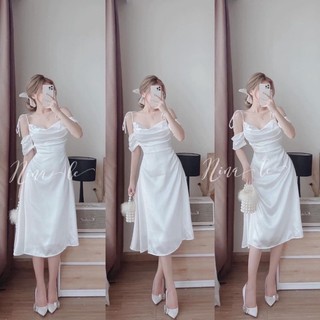 Đầm midi lụa 2d cổ đỗ rớt vai xếp ly ngực MT