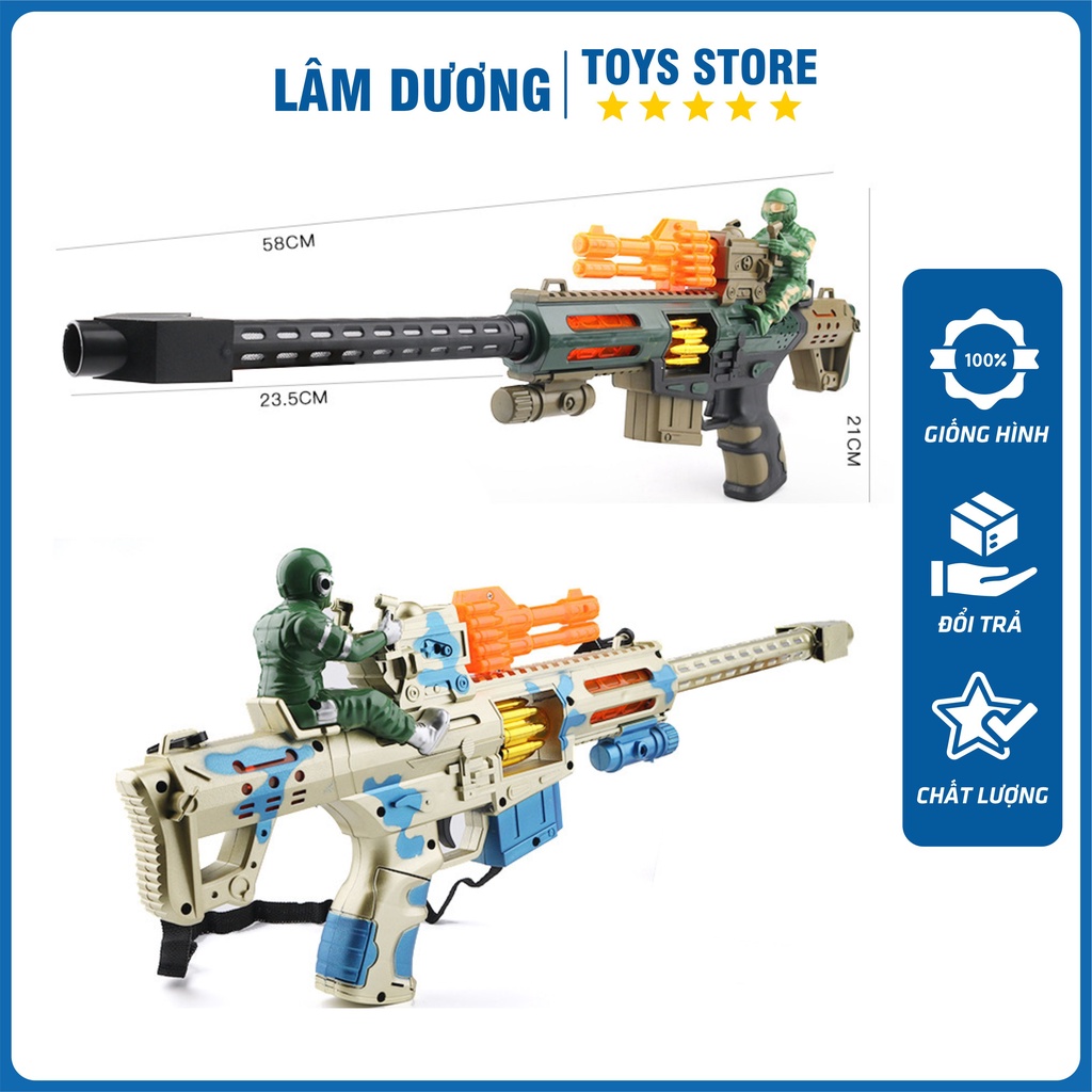 Súng nhựa đồ chơi mẫu lính xanh dùng pin có nhạc đèn rung lắc liên thanh hấp dẫn cho bé kèm dây đeo