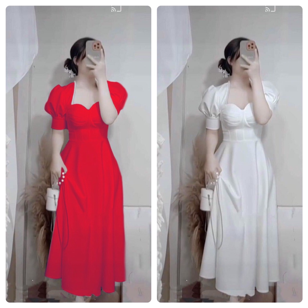 đầm thiết kế, váy trắng dự tiệc dáng xòe tay bồng tiểu thư xinh xắn