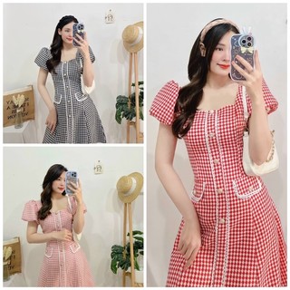 Đầm thiết kế cổ vuông tay bồng cúc dọc dạ kẻ sang chảnh thanh lịch