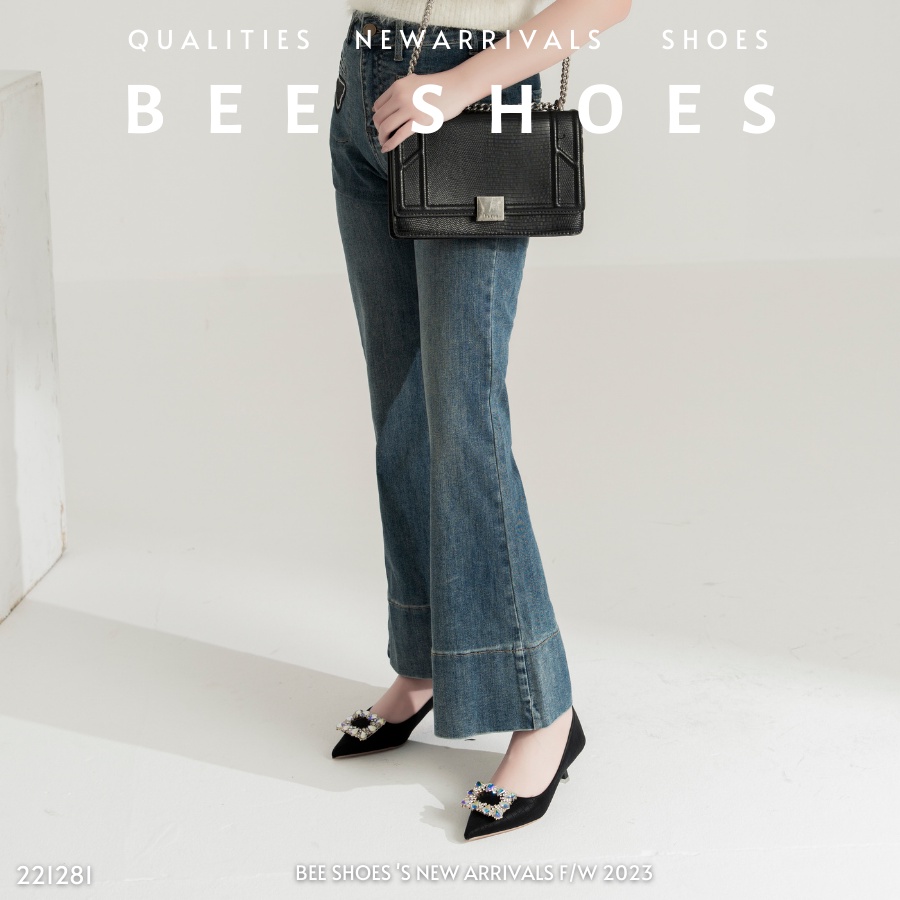 GIÀY CAO GÓT BEESHOES NỮ MŨI NHỌN - GIÀY CAO GÓT NỮ GÓT NHỌN CAO 5 PHÂN SẴN MÀU ĐEN - KEM 221281