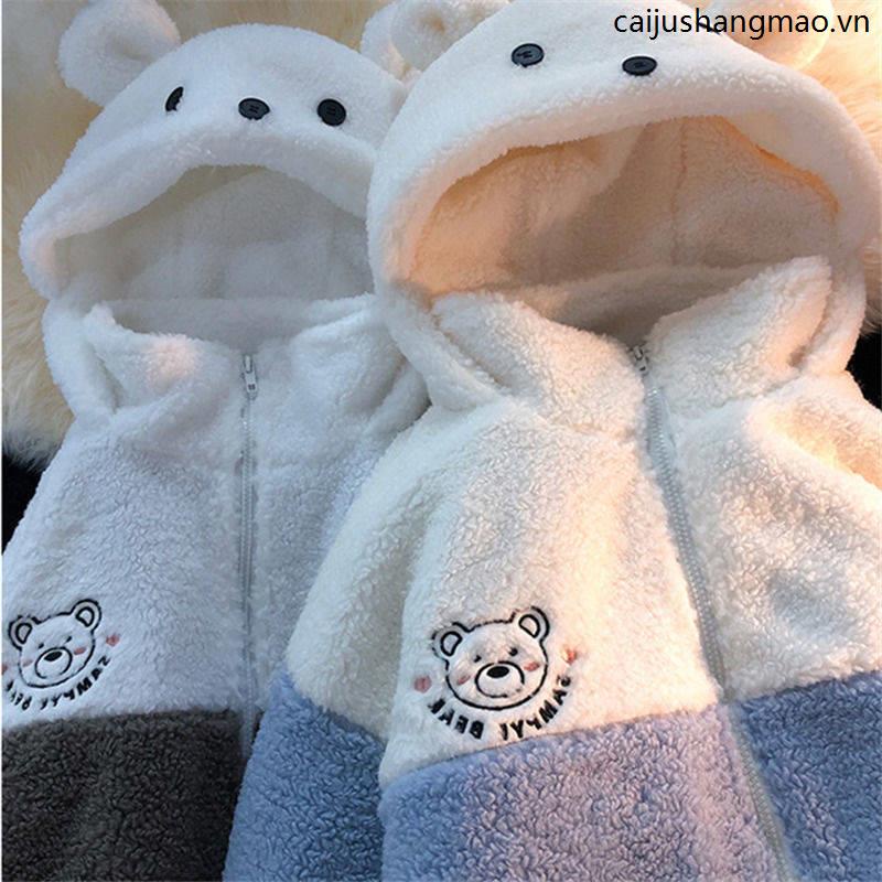 Áo Khoác Len Lông Cừu Dày Dặn Dáng Rộng Thiết Kế Tai Gấu Dễ Thương Phong Cách Nhật Bản Thời Trang Mùa Đông Cho Nữ