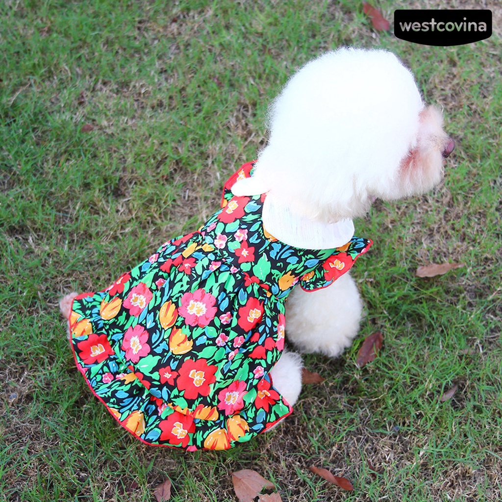 [COD]♘Đầm Tay Ngắn Cổ Búp Bê In Hoa Thoáng Khí Thời Trang Cho Thú Cưng