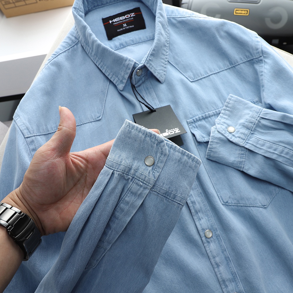 Sơ mi nam chất vải wash denim có cúc bấm Heboz 4M cao cấp - 00001323